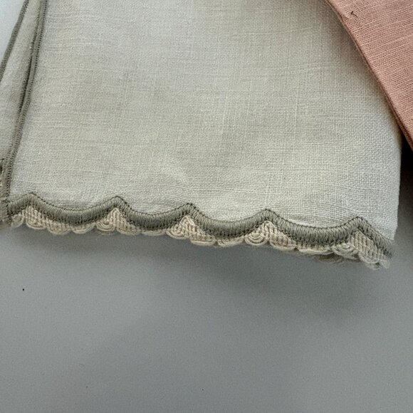 Embroidered Linen Tea Towels Peach Cream Scalloped Edges Butterfly Vintage Set 2 - Picture 3 of 7